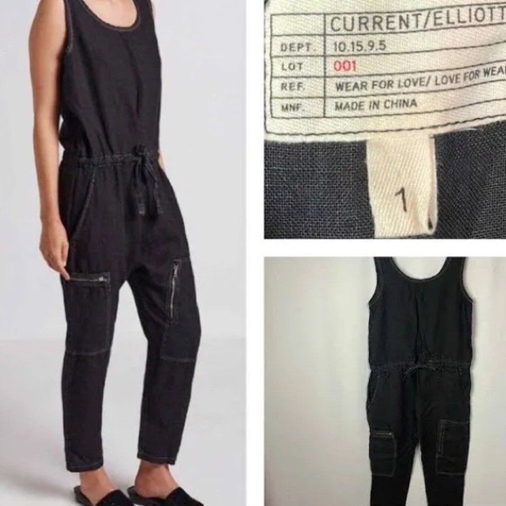 Current/Elliot zip cargo black linen jumpsuit - Picture 3 of 8